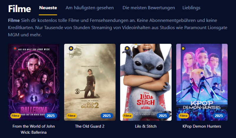 Bildschirmaufnahme der Einschalten Benutzeroberfläche die eine moderne Streaming-Plattform mit Filmen und Serien anzeigt